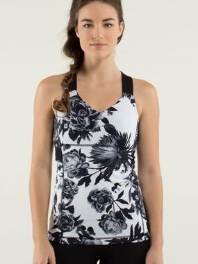 Lululemon Push Ur Limits Tank Brisk Bloom Black White Floral Built In Bra Size 4
